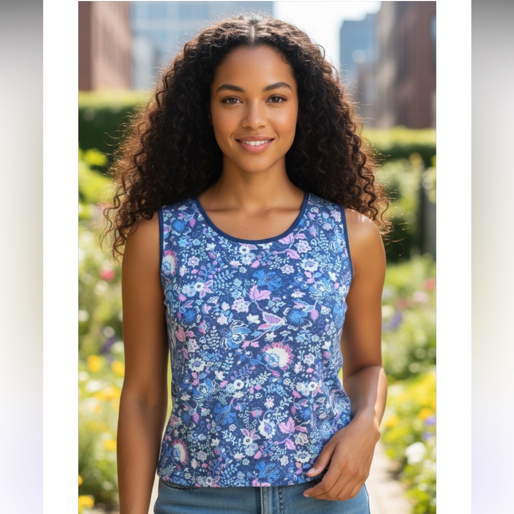 White stag blue floral sleeveless top